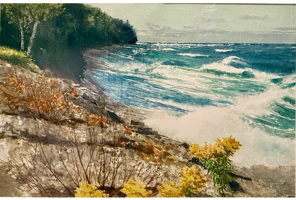 Signed David Austin A.W.S. (American Watercolor Society). Watercolor of crashing waves along 