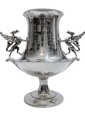Sterling Silver Engraved Prohibition Loving Cup Winged Griffin Handles 27 Ounces. Sterling 