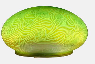 c. 1920's signed “Quezal” King Tut iridescent art glass shade. Stunning, deep green with robust 