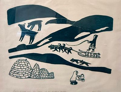 Woodblock art print "Learning to Build Iglu" by Canadian Inuit B. L. Magdalene Ukpatiku. A 