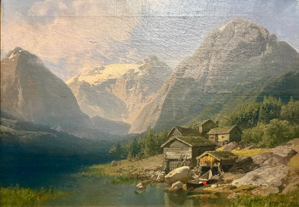 Herman Ottomar Herzog (German/American, 1832-1932) Cabin nestled among the Mountains Oil on Canvas. 