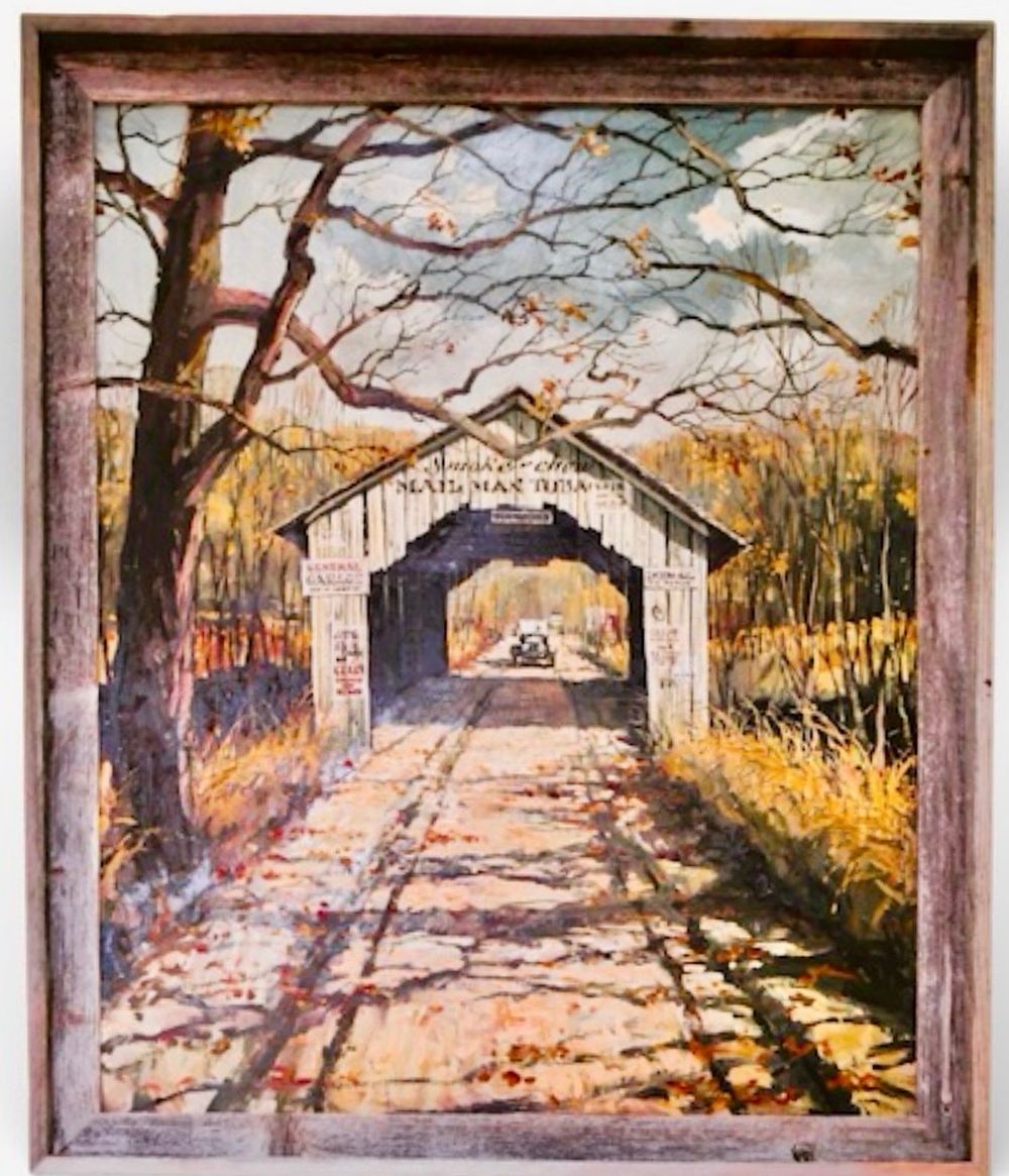 Exceptional oil on board Eric Sloane Covered Bridge Featured in his book "Return to Taos". One 