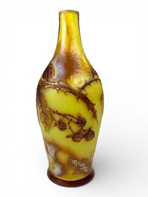 Charming French Muller Freres Cameo Glass Cabient Vase Thistle Pod. A diminutive French Muller 