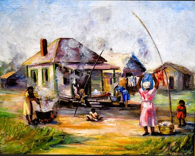 American School, African American Impressionist -Wash Day- Oil on Canvas by unknown artist 