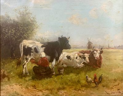 Henry Schouten (Belgium/Indonesia, 1857-1927) Oil on Canvas Maiden Milking Cow scene. Dutch 