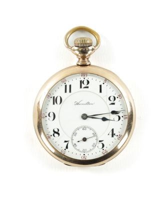 AN AMERICAN HAMILTON GOLD-PLATED OPEN-FACED POCKET WATCH