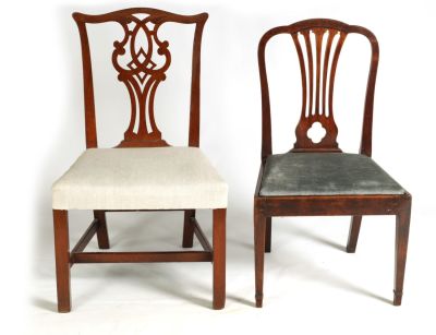 TWO GEORGIAN MAHOGANY SIDE CHAIRS of Chippendale and Hepplewhite design with pierced backs and 
