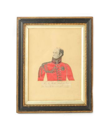 A 19TH CENTURY COLLAGE HALF PORTRAIT OF PRINCE FREDERICK, DUKE OF YORK depicted in a red coat 
