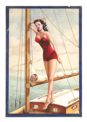 A RETRO 1940S PINUP GIRL POSTER WATERCOLOUR BY B. WITTERNS of a young lady stood on a sailing 