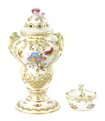 A LARGE HEREND CABINET VASE TOGETHER WITH A SMALL BASKET hand painted with flower sprays. (36cm 