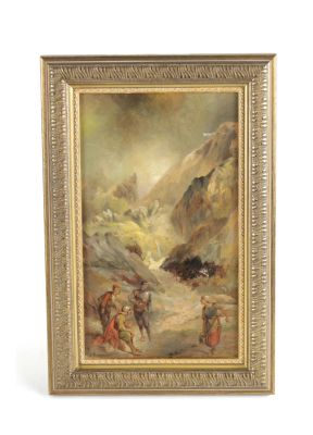 A 20TH CENTURY ITALIAN SCHOOL OIL ON CANVAS of a mountainous landscape with figures, signed 