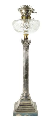 A 19TH CENTURY SILVER PLATED CORINTHIUM COLUMN OIL LAMP with cut glass font. (70cm high)