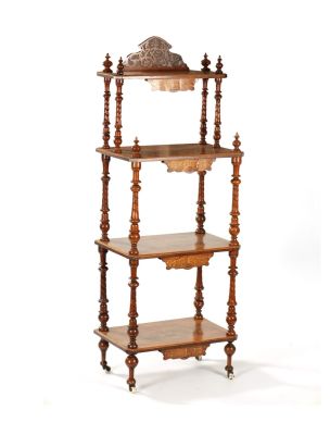 A VICTORIAN WALNUT INLAID WHATNOT with four tiers and turned pillars (147cm high )