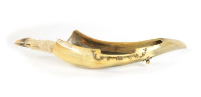 A 19TH CENTURY HORN PEN-TRAY AND MATCHING LETTER OPENER with hoof handle and brass mounts (30cm 