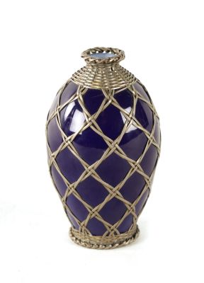 A JAPANESE SILVER MEATAL OVERLAY PORCELAIN VASE with blue glaze (11cm high)