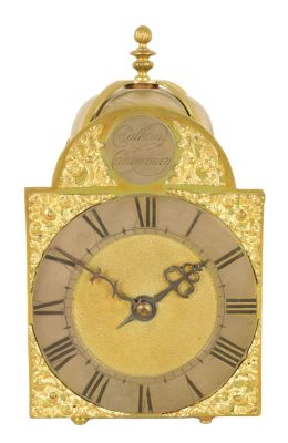 AN 18TH CENTURY BRASS LANTERN CLOCK WITH LATER MOVEMENT the 12cm arched dial signed Chalklen 