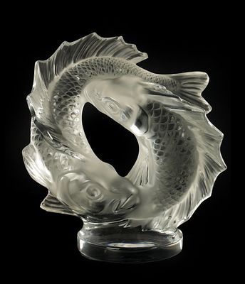 A LALIQUE FRANCE 'DEUX POISSONS' GLASS SCULPTURE of entwined koi - engraved signature (29cm high )