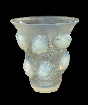 A RENE LALIQUE OPALESCENT AND GREY STAINED 'ST FRANCOIS' VASE of flared tapering form moulded 