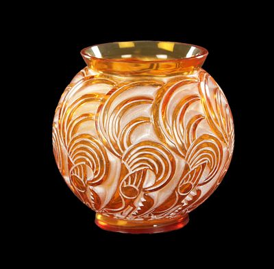 A RENE LALIQUE AMBER GLASS 'BRESSE' VASE highlighted with white staining, etched beneath 'R 