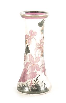 A FRENCH ART NOUVEAU SILVER MOUNTED CAMEO GLASS SPILL VASE IN THE 'GALLE' STYLE with carved 