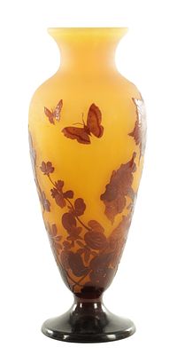 A LARGE GALLE CAMEO GLASS VASE decorated with flowers and butterflies - signed (40cm high)