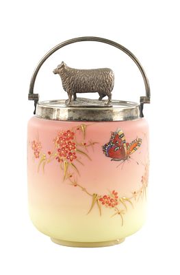 A LATE 19TH CENTURY BURMESE GLASS BISCUIT BARREL with enamelled butterfly and blossoming 