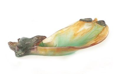 A DAUM, FRANCE ART NOUVEAU PATE DE VERRE SALAMANDER DISH finely modelled with a butterfly to 
