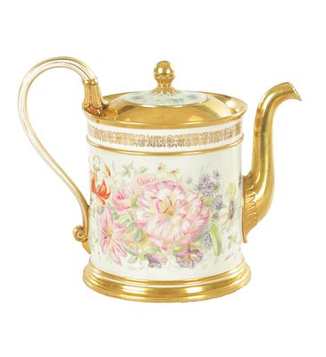 A 19TH CENTURY SEVRES PORCELAIN TEAPOT the richly gilt and painted flower spray body with 