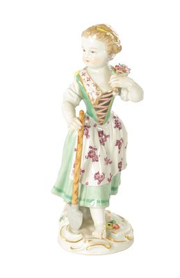 A 19TH CENTURY MEISSEN PORCELAIN FIGURE OF A YOUNG GIRL in a standing pose holding a flower 