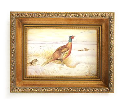 A ROYAL WORCESTER HAND PAINTED CERAMIC PLAQUE DECORATED WITH PHEASANT IN THE SNOW SIGNED BRYAN COX