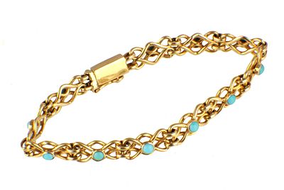 A LADIES VINTAGE 18CT YELLOW GOLD AND TURQUOISE BRACELET, set with cabochon stones and safety 