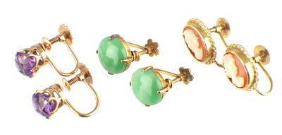 THREE PAIRS OF 9CT AND OTHER YELLOW GOLD EARRINGS to include a set of miniature cameos, a set 