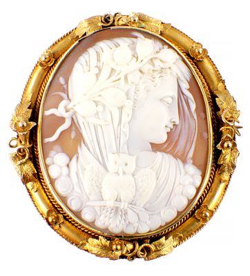 A LARGE 19TH CENTURY 18CT GOLD MOUNTED CAMEO BROOCH depicting 'Night and Day' the bezel with 