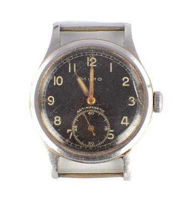 A WWII GERMAN MILITARY ISSUE WRIST WATCH the steel case with screwback enclosing a black dial 