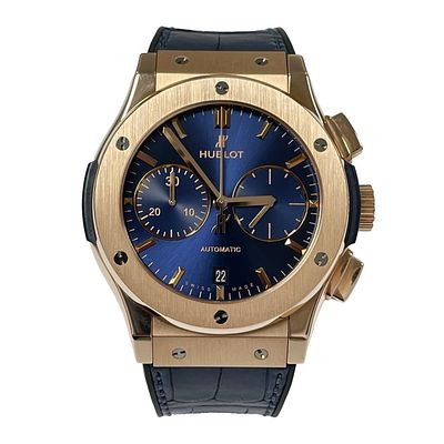 A GENTLEMAN'S 18CT ROSE GOLD HUBLOT CLASSIC FUSION CHRONOGRAPH KING GOLD BLUE WRIST WATCH on 