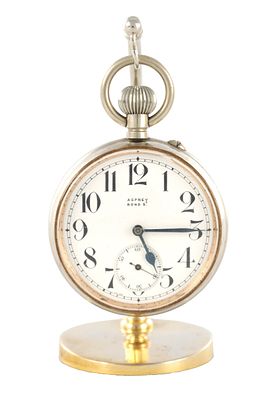 AN EARLY 20TH CENTURY NICKEL-PLATED GOLIATH ASPREY POCKET WATCH, the plane open-faced case 