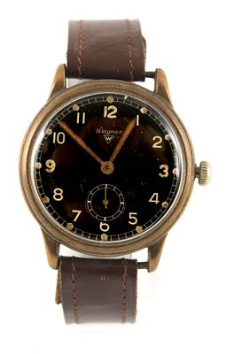 A WAGNER WWII THIRD REICH LUFTWAFFE WRIST WATCH having a black dial with Arabic numerals and 