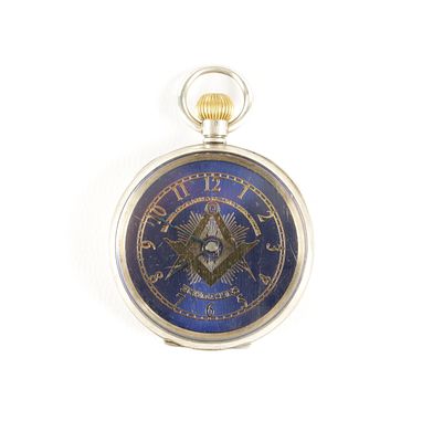 AN EARLY 20TH CENTURY SILVER OPEN FACE MASONIC POCKET WATCH the blue enamel and gilt dial with 
