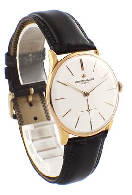 A GENTLEMAN’S 18CT ROSE GOLD VACHERON CONSTANTIN PATRIMONY WRIST WATCH, on a black leather 