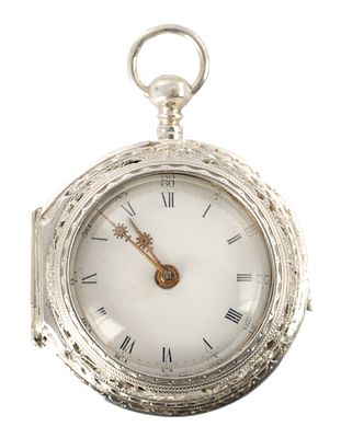 JAMES COOPER, LONDON. AN 18TH CENTURY SILVER PAIR CASED VERGE POCKET WATCH, the pierced 