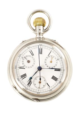 A SILVER CASED OPEN FACED CHRONOGRAPH POCKET WATCH, having an engine turned case enclosing an 