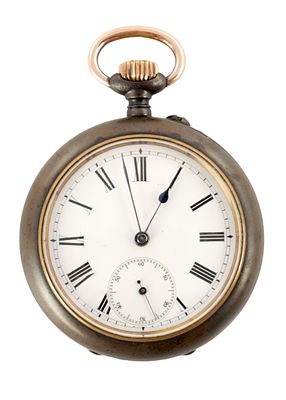 A LATE 19TH CENTURY POCKET WATCH WITH CALENDAR DIAL ON REVERSE having a gun metal case 