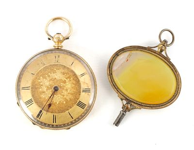 AN 18CT GOLD ENGRAVED OPEN FACED FOB WATCH the case having a foliate and engine-turned 