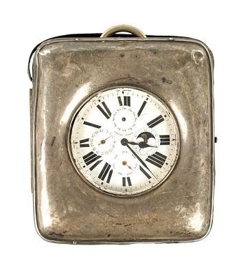AN EARLY 20TH CENTURY SILVER WATCH STAND WITH MOONPHASE POCKET WATCH, the stand with hinged 