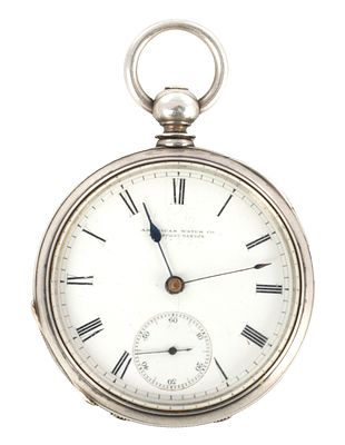 AN AMERICAN WATCH CO. SILVER CASED POCKET WATCH, the case with vacant cartouche enclosing an 