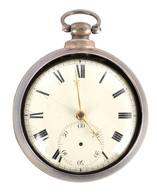 A SILVER PAIR CASED FUSEE POCKET WATCH, having a plain case and enamel dial fronting a 