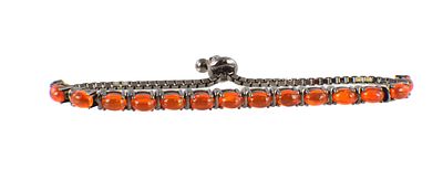 A LADIES CABOCHON FIRE OPAL SILVER BRACELET, inset with fourteen opals.