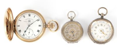A COLLECTION OF THREE POCKET WATCHES, a gold plated hunter signed Thomas Russell & son