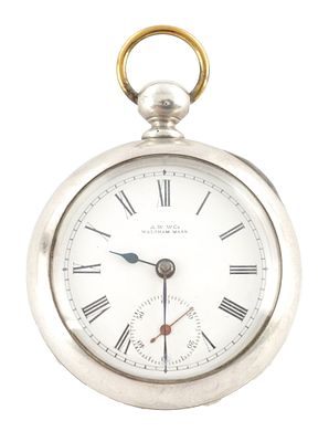 AN EARLY WALTHAM AMERICAN OPEN FACED POCKET WATCH, the plain case enclosing an enamel dial with