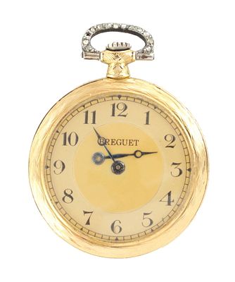 BREGUET. A LADIES 18CT GOLD, PLATINUM AND DIAMOND FOB WATCH, the finely guilloche engraved case